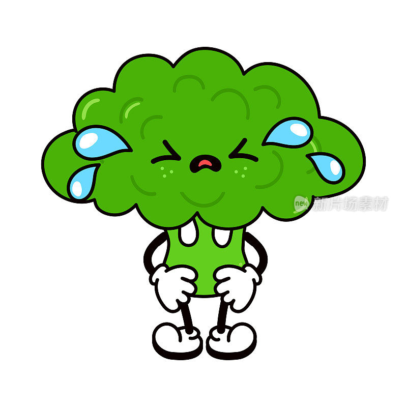 Cute funny crying sad broccoli character. Vector hand drawn traditional cartoon vintage, retro, kawaii character illustration icon. Isolated on white background. Cry broccoli character concept